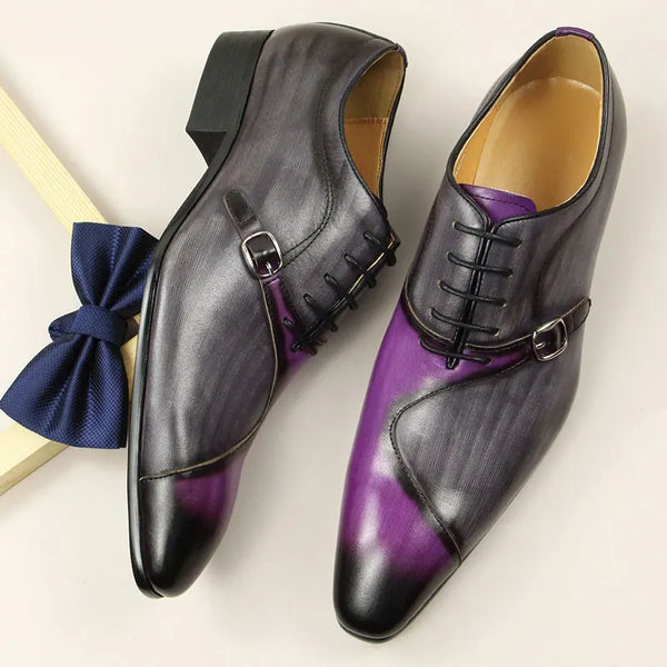 Handmade Leather Oxford Shoes with Metal Buckle - Gray Purple Business Formal Attire